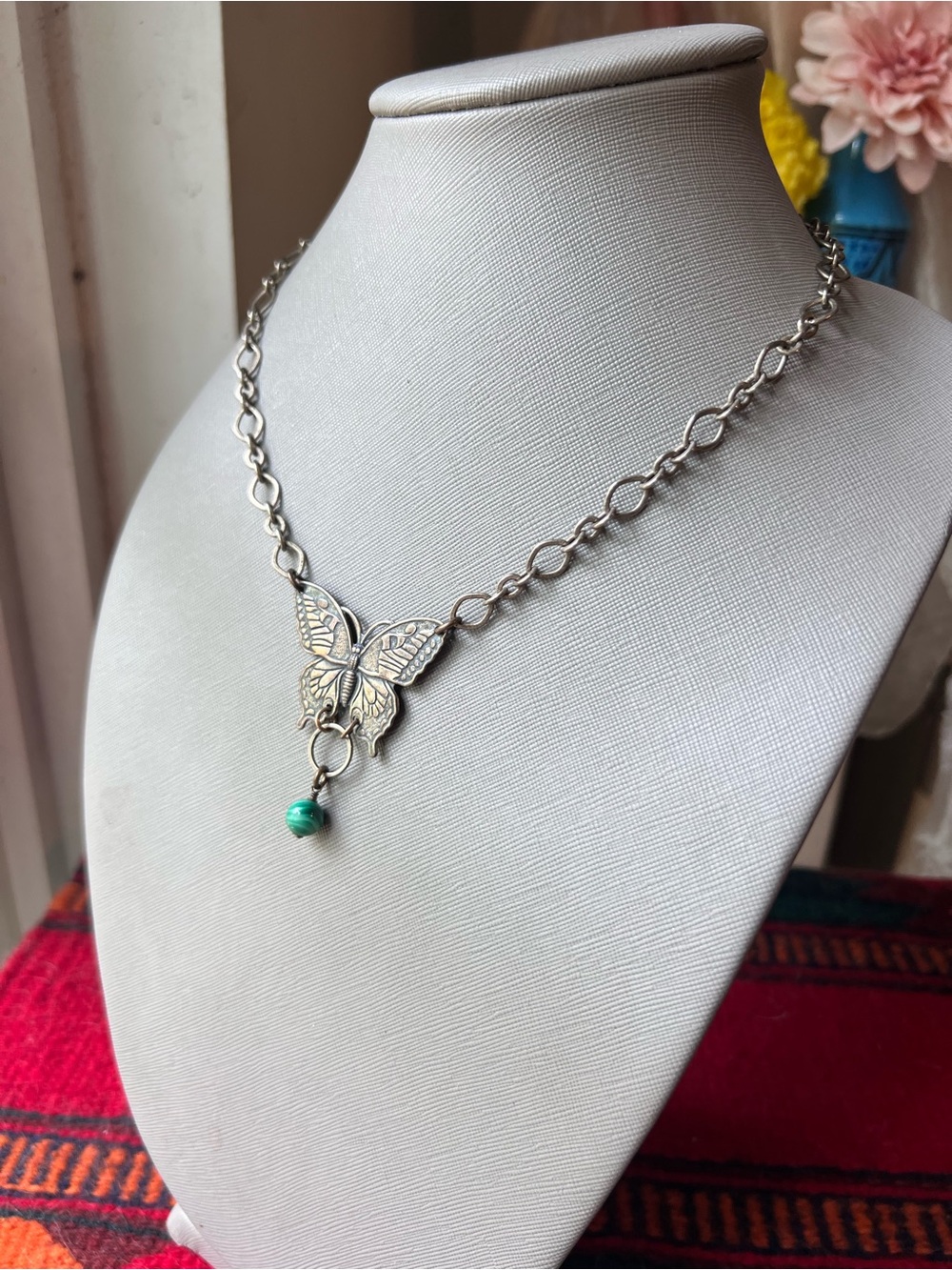 Whimsy goth Silver Butterfly Necklace with Green Stone Accent - Picture 3 of 9